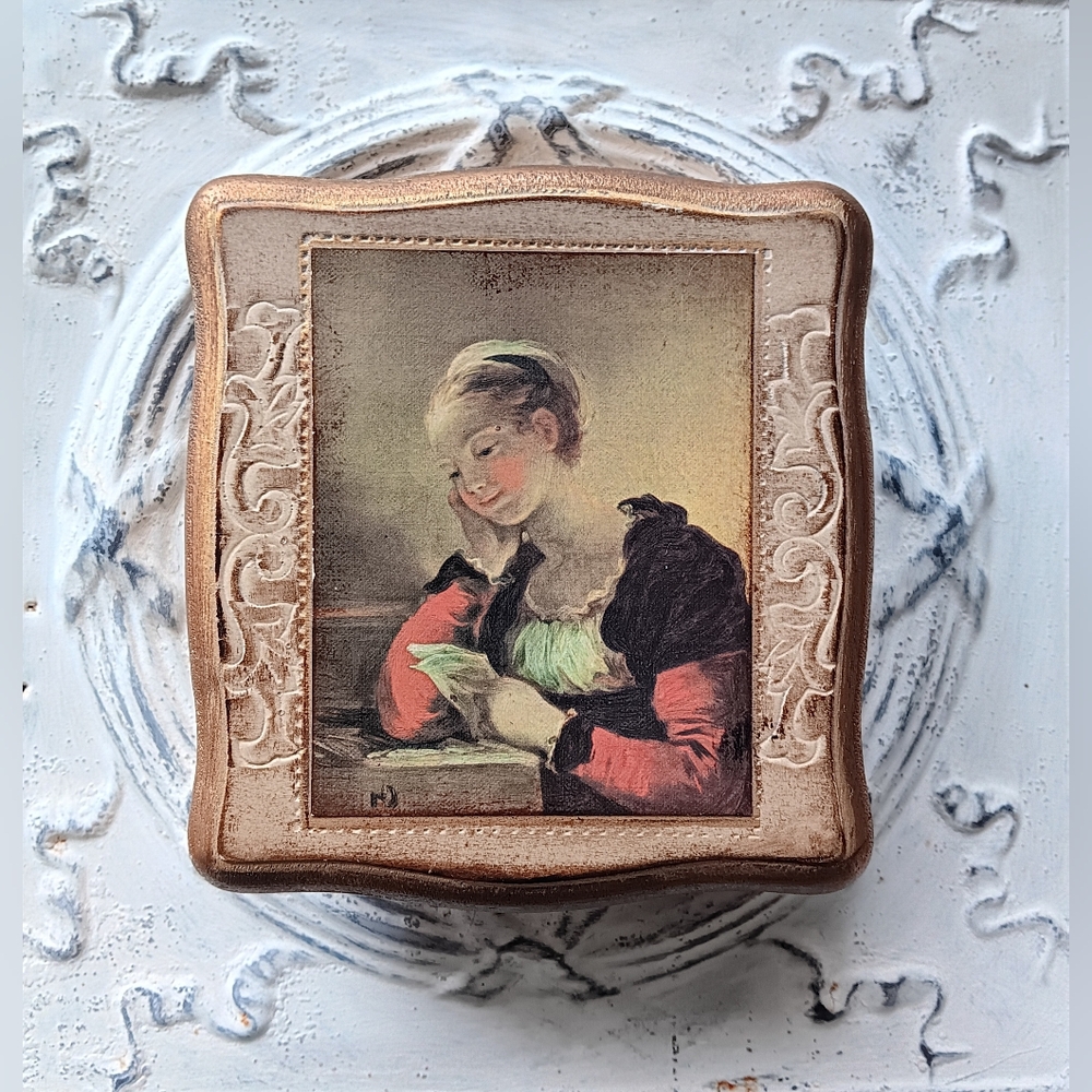 Vintage Wooden Music Jewelery Trinket Box "The Letter" Fragonard Japan